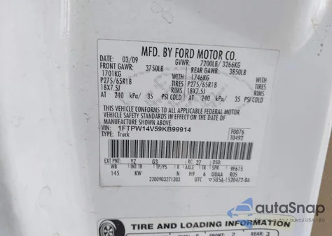 2009 Ford F-150 Fx4/King Ranch/Lariat/Platinum/Xl/Xlt z USA, uszkodzony, nr VIN 1FTPW14V59KB99914